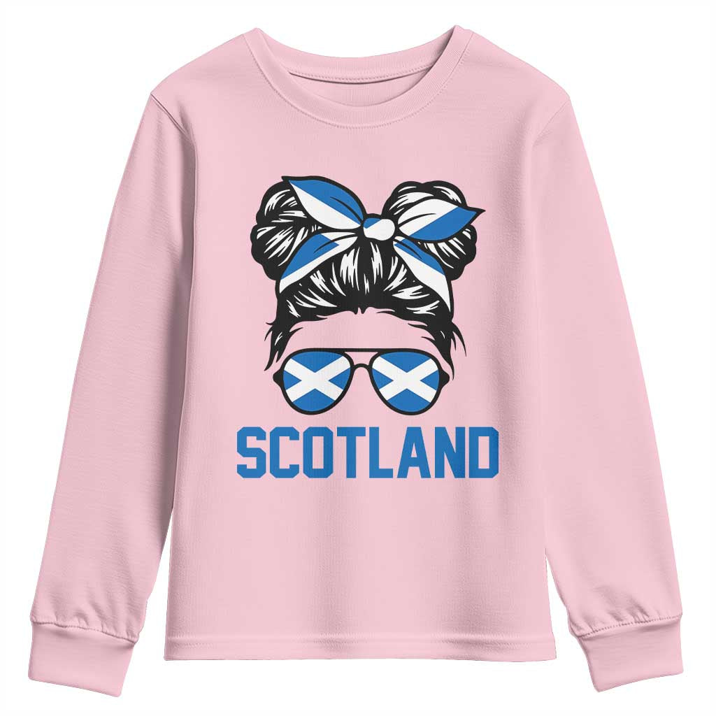 Scotland Messy Bun Hair Saltire Flag Ribbon Bow Youth Sweatshirt Scottish Pride for Girls Women