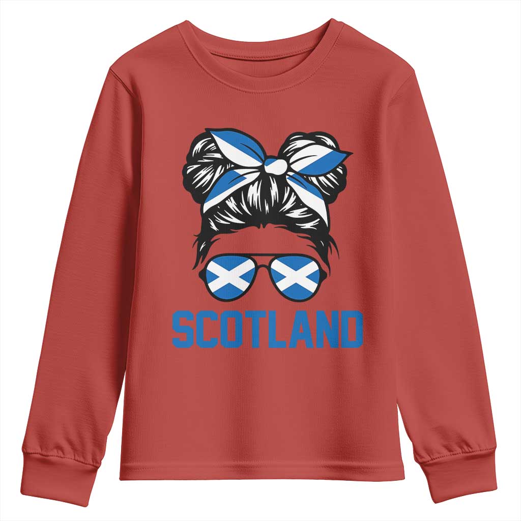 Scotland Messy Bun Hair Saltire Flag Ribbon Bow Youth Sweatshirt Scottish Pride for Girls Women