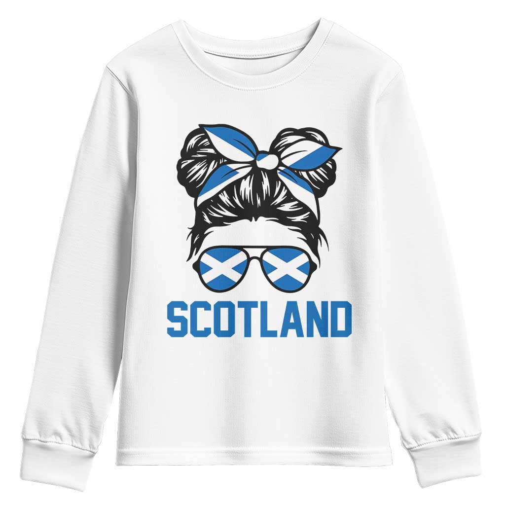 Scotland Messy Bun Hair Saltire Flag Ribbon Bow Youth Sweatshirt Scottish Pride for Girls Women