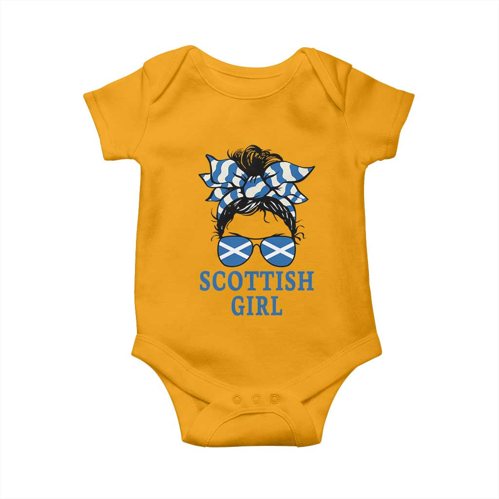 Scottish Girl Messy Bun Hair Saltire Flag Ribbon Bow Baby Onesie Scotland Pride for Girls Women