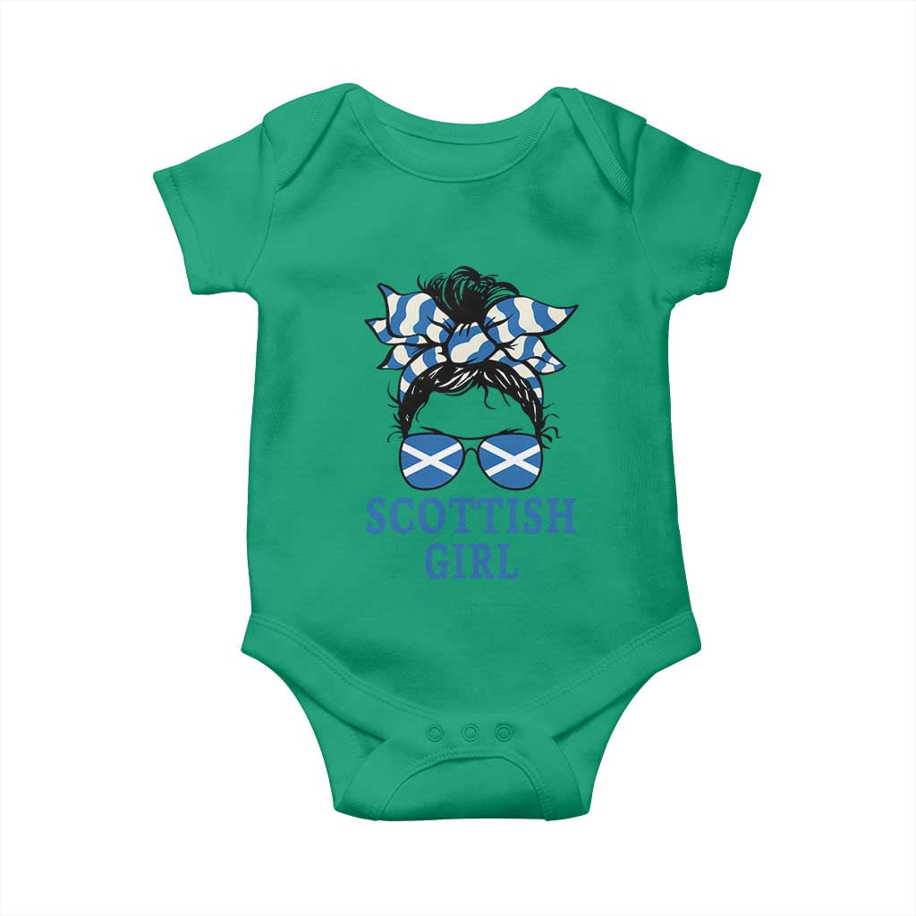 Scottish Girl Messy Bun Hair Saltire Flag Ribbon Bow Baby Onesie Scotland Pride for Girls Women