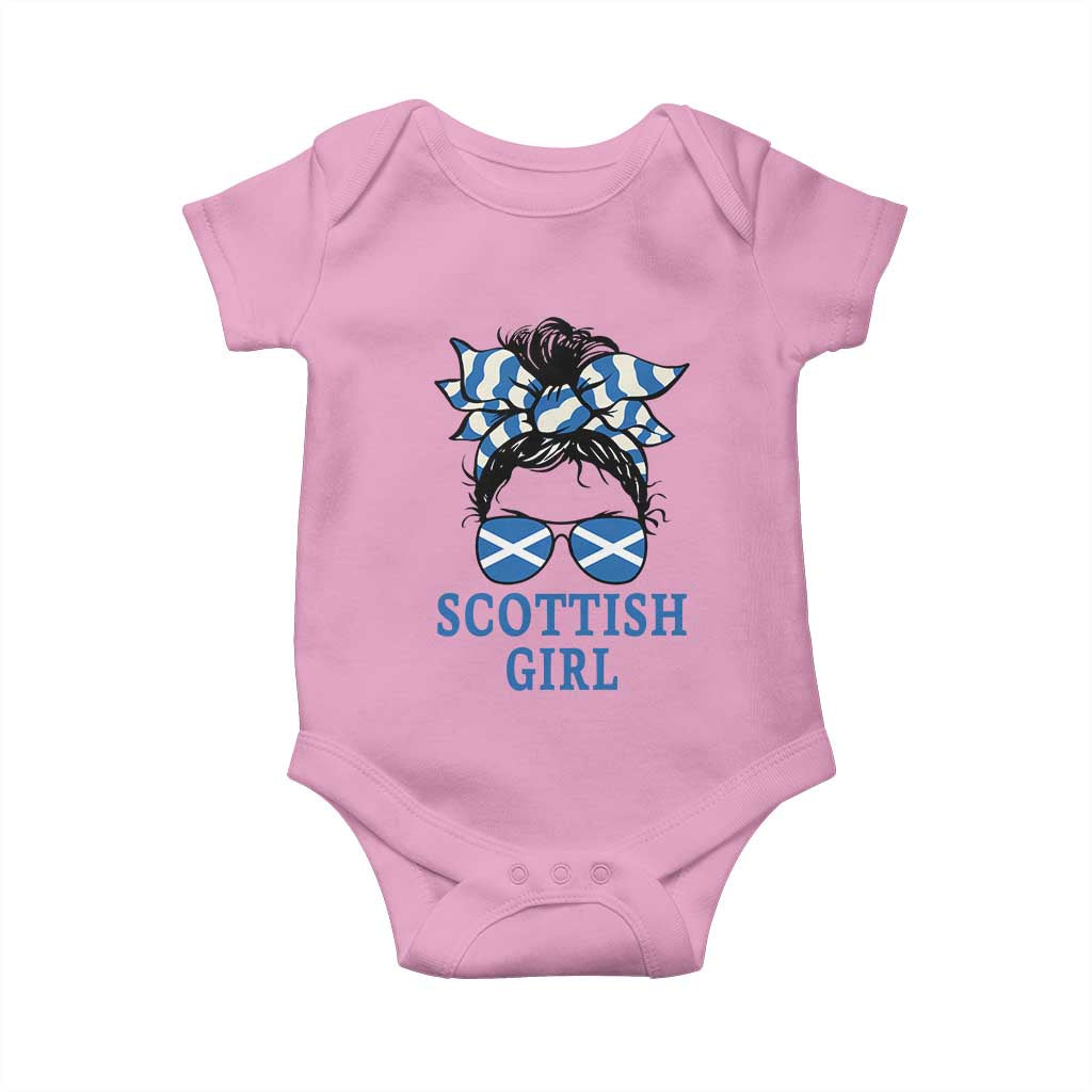 Scottish Girl Messy Bun Hair Saltire Flag Ribbon Bow Baby Onesie Scotland Pride for Girls Women