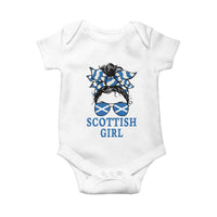 Scottish Girl Messy Bun Hair Saltire Flag Ribbon Bow Baby Onesie Scotland Pride for Girls Women