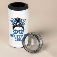 Scottish Girl Messy Bun Hair Saltire Flag Ribbon Bow 4 in 1 Can Cooler Tumbler Scotland Pride for Girls Women