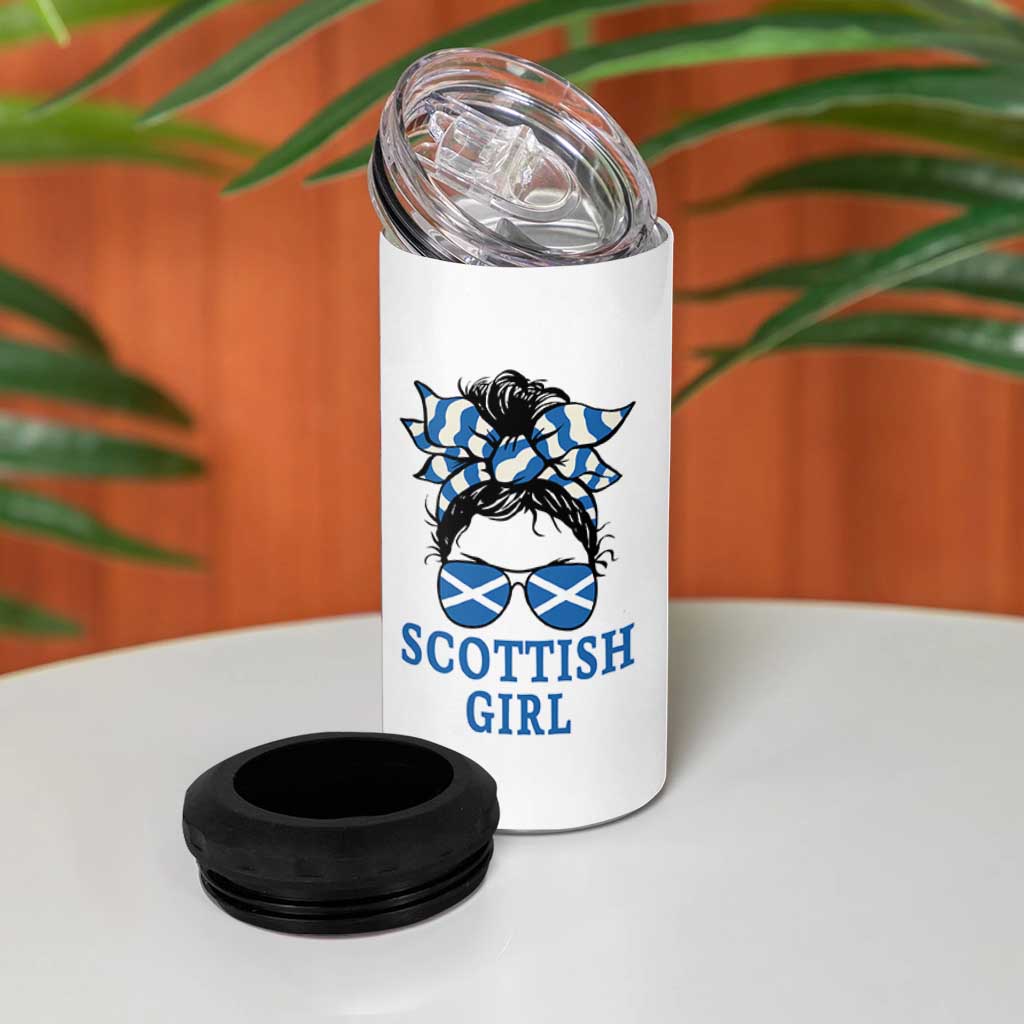 Scottish Girl Messy Bun Hair Saltire Flag Ribbon Bow 4 in 1 Can Cooler Tumbler Scotland Pride for Girls Women