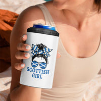 Scottish Girl Messy Bun Hair Saltire Flag Ribbon Bow 4 in 1 Can Cooler Tumbler Scotland Pride for Girls Women