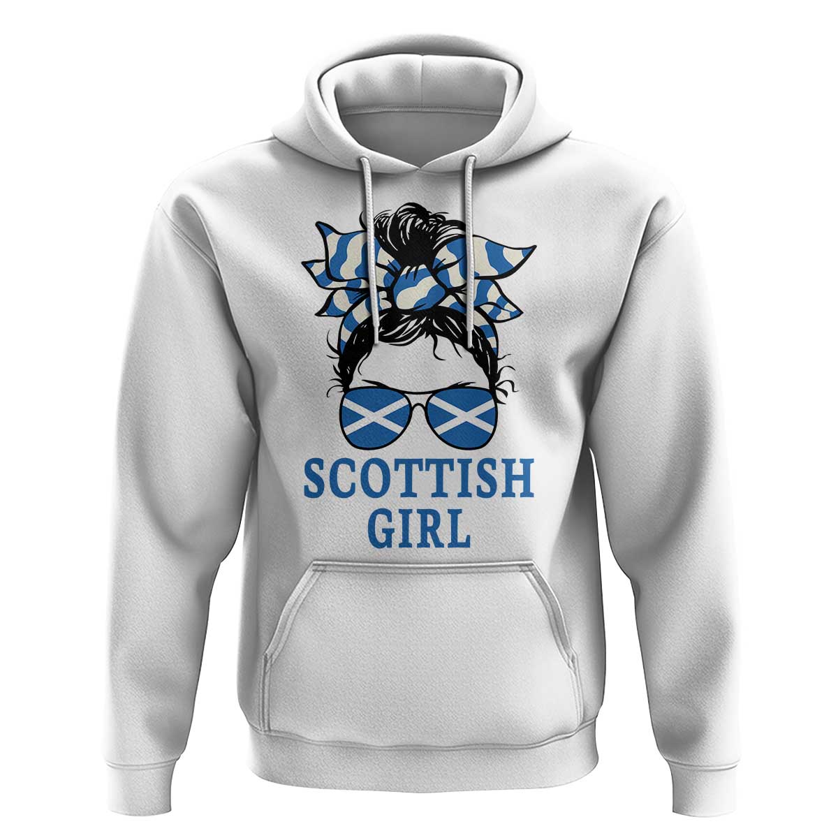 Scottish Girl Messy Bun Hair Saltire Flag Ribbon Bow Hoodie Scotland Pride for Girls Women