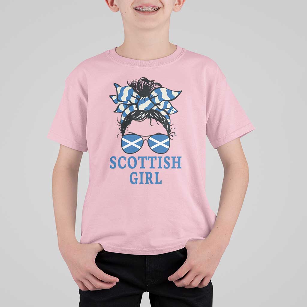 Scottish Girl Messy Bun Hair Saltire Flag Ribbon Bow T Shirt For Kid Scotland Pride for Girls Women