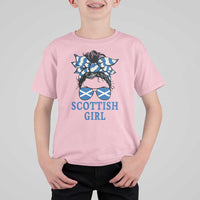 Scottish Girl Messy Bun Hair Saltire Flag Ribbon Bow T Shirt For Kid Scotland Pride for Girls Women