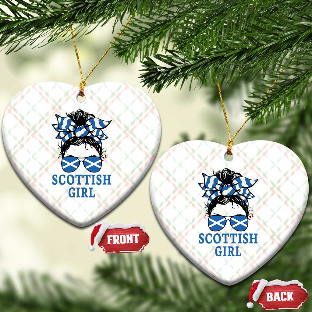 Scottish Girl Messy Bun Hair Saltire Flag Ribbon Bow Ceramic Ornament Scotland Pride for Girls Women