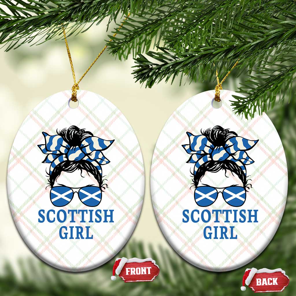 Scottish Girl Messy Bun Hair Saltire Flag Ribbon Bow Ceramic Ornament Scotland Pride for Girls Women