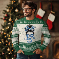 Scottish Girl Messy Bun Hair Saltire Flag Ribbon Bow Ugly Christmas Sweater Scotland Pride for Girls Women