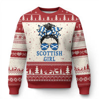 Scottish Girl Messy Bun Hair Saltire Flag Ribbon Bow Ugly Christmas Sweater Scotland Pride for Girls Women