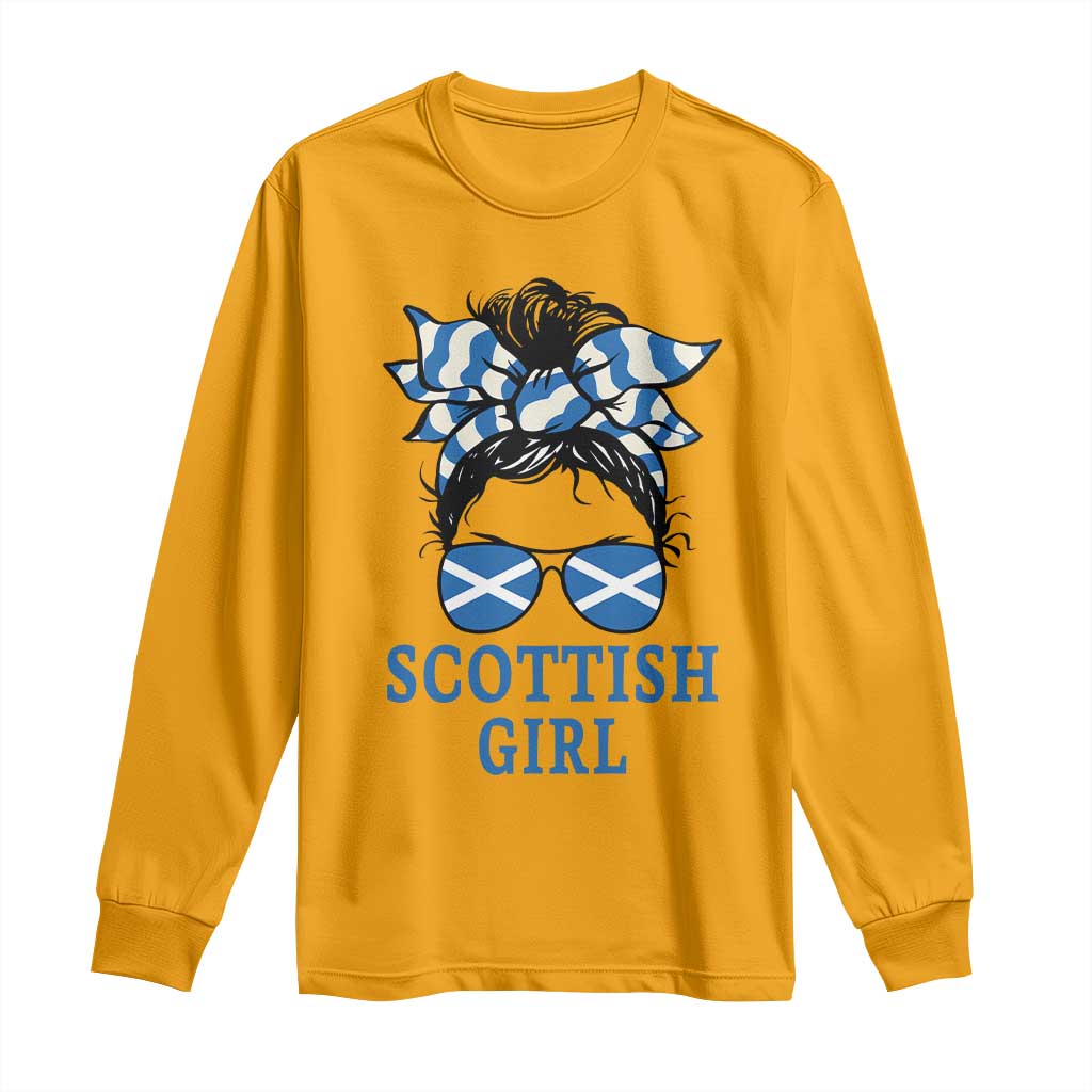 Scottish Girl Messy Bun Hair Saltire Flag Ribbon Bow Long Sleeve Shirt Scotland Pride for Girls Women