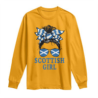Scottish Girl Messy Bun Hair Saltire Flag Ribbon Bow Long Sleeve Shirt Scotland Pride for Girls Women