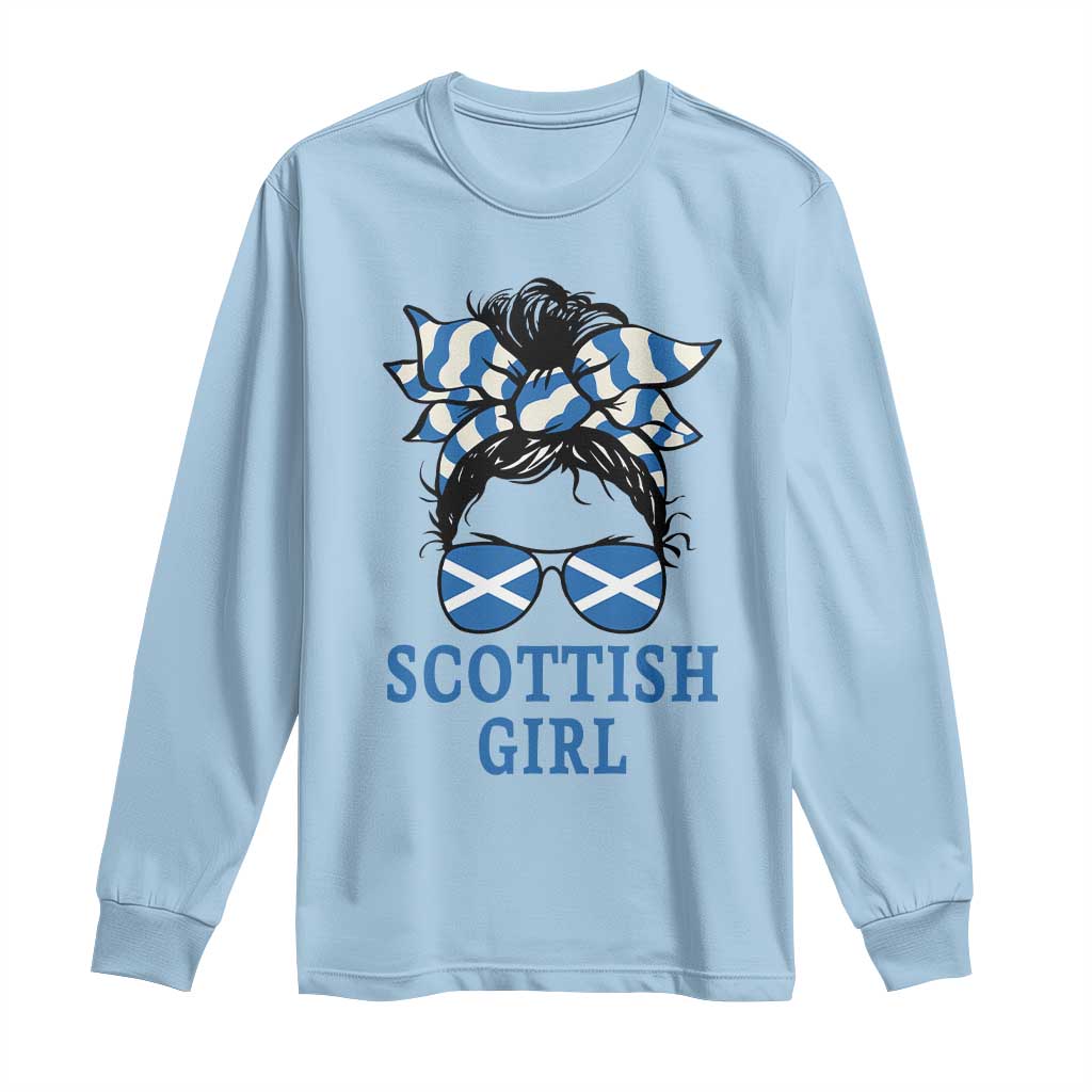 Scottish Girl Messy Bun Hair Saltire Flag Ribbon Bow Long Sleeve Shirt Scotland Pride for Girls Women
