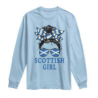Scottish Girl Messy Bun Hair Saltire Flag Ribbon Bow Long Sleeve Shirt Scotland Pride for Girls Women