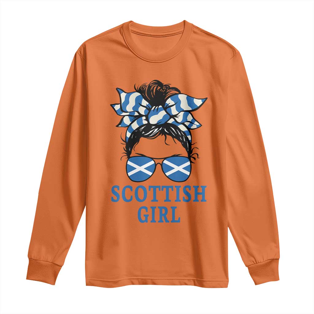 Scottish Girl Messy Bun Hair Saltire Flag Ribbon Bow Long Sleeve Shirt Scotland Pride for Girls Women