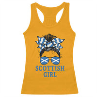 Scottish Girl Messy Bun Hair Saltire Flag Ribbon Bow Racerback Tank Top Scotland Pride for Girls Women