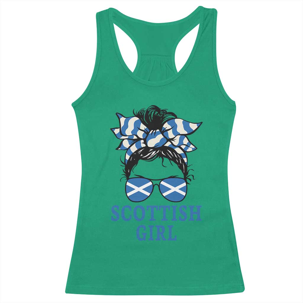 Scottish Girl Messy Bun Hair Saltire Flag Ribbon Bow Racerback Tank Top Scotland Pride for Girls Women