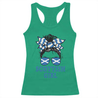 Scottish Girl Messy Bun Hair Saltire Flag Ribbon Bow Racerback Tank Top Scotland Pride for Girls Women