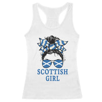 Scottish Girl Messy Bun Hair Saltire Flag Ribbon Bow Racerback Tank Top Scotland Pride for Girls Women