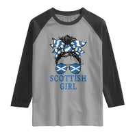 Scottish Girl Messy Bun Hair Saltire Flag Ribbon Bow Raglan Shirt Scotland Pride for Girls Women