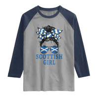 Scottish Girl Messy Bun Hair Saltire Flag Ribbon Bow Raglan Shirt Scotland Pride for Girls Women