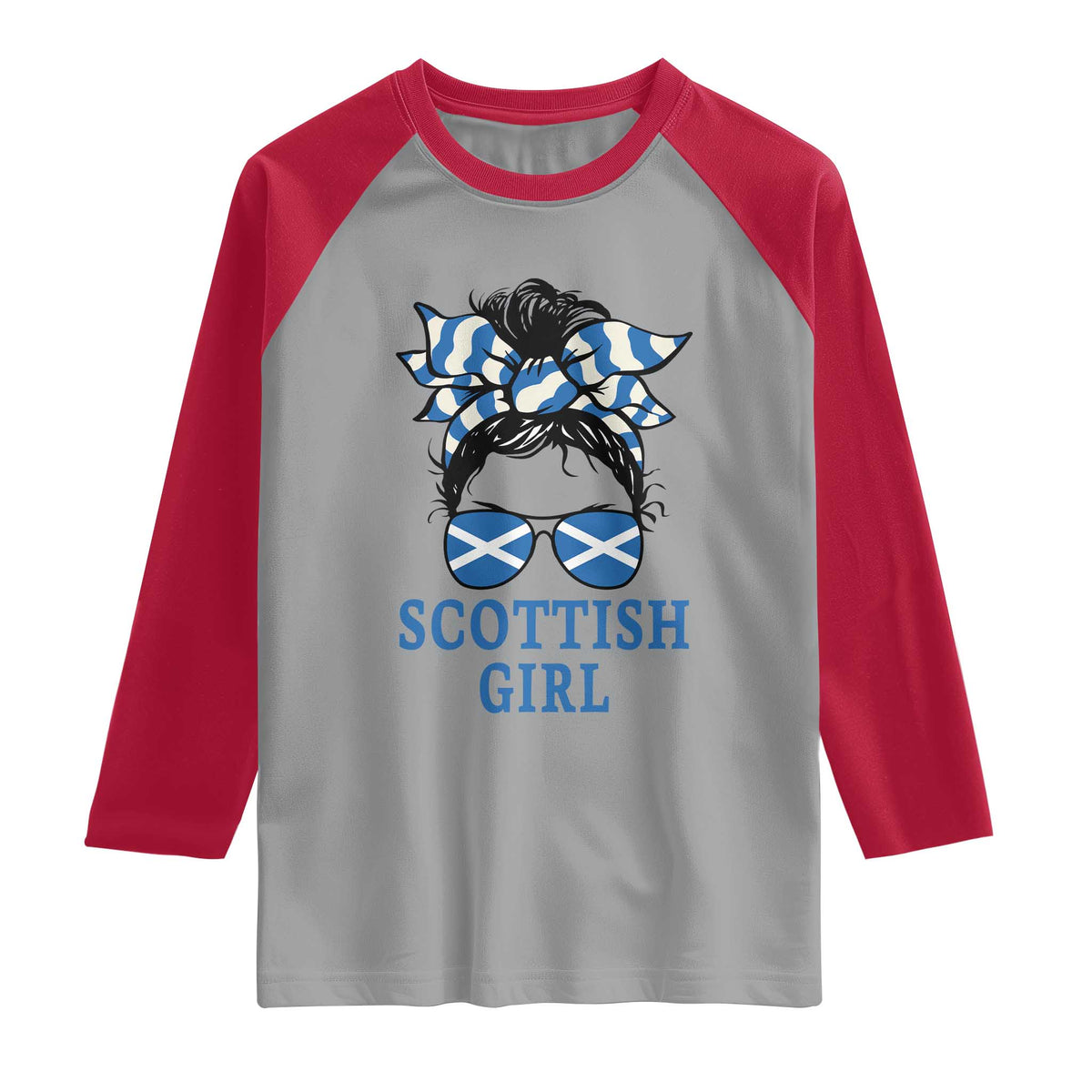 Scottish Girl Messy Bun Hair Saltire Flag Ribbon Bow Raglan Shirt Scotland Pride for Girls Women