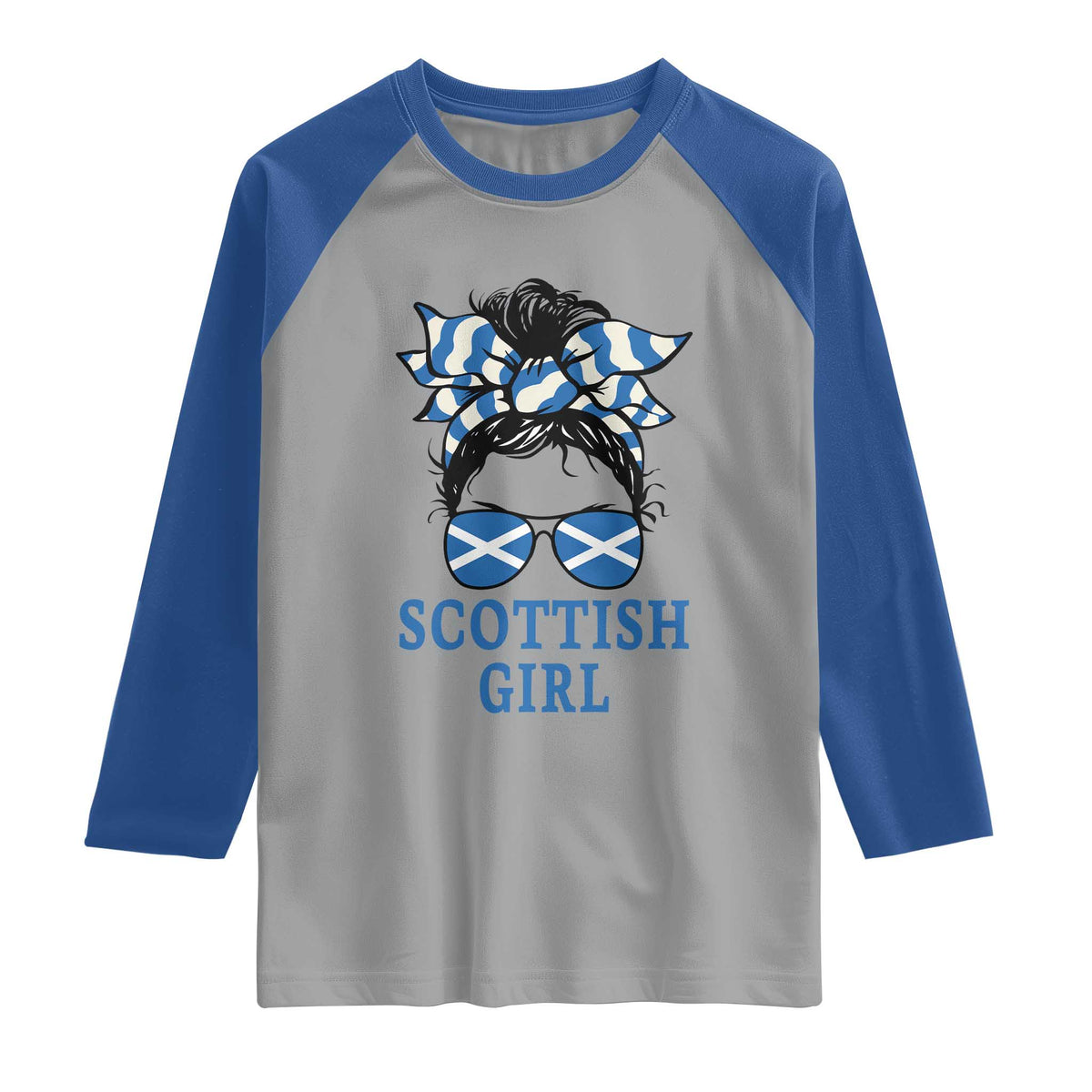 Scottish Girl Messy Bun Hair Saltire Flag Ribbon Bow Raglan Shirt Scotland Pride for Girls Women