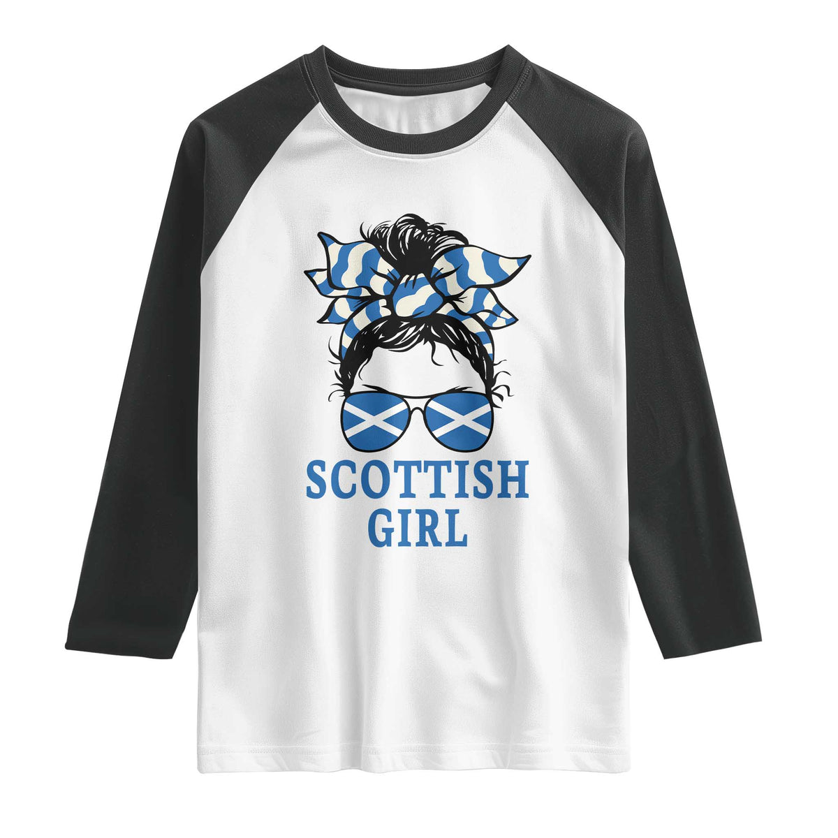 Scottish Girl Messy Bun Hair Saltire Flag Ribbon Bow Raglan Shirt Scotland Pride for Girls Women