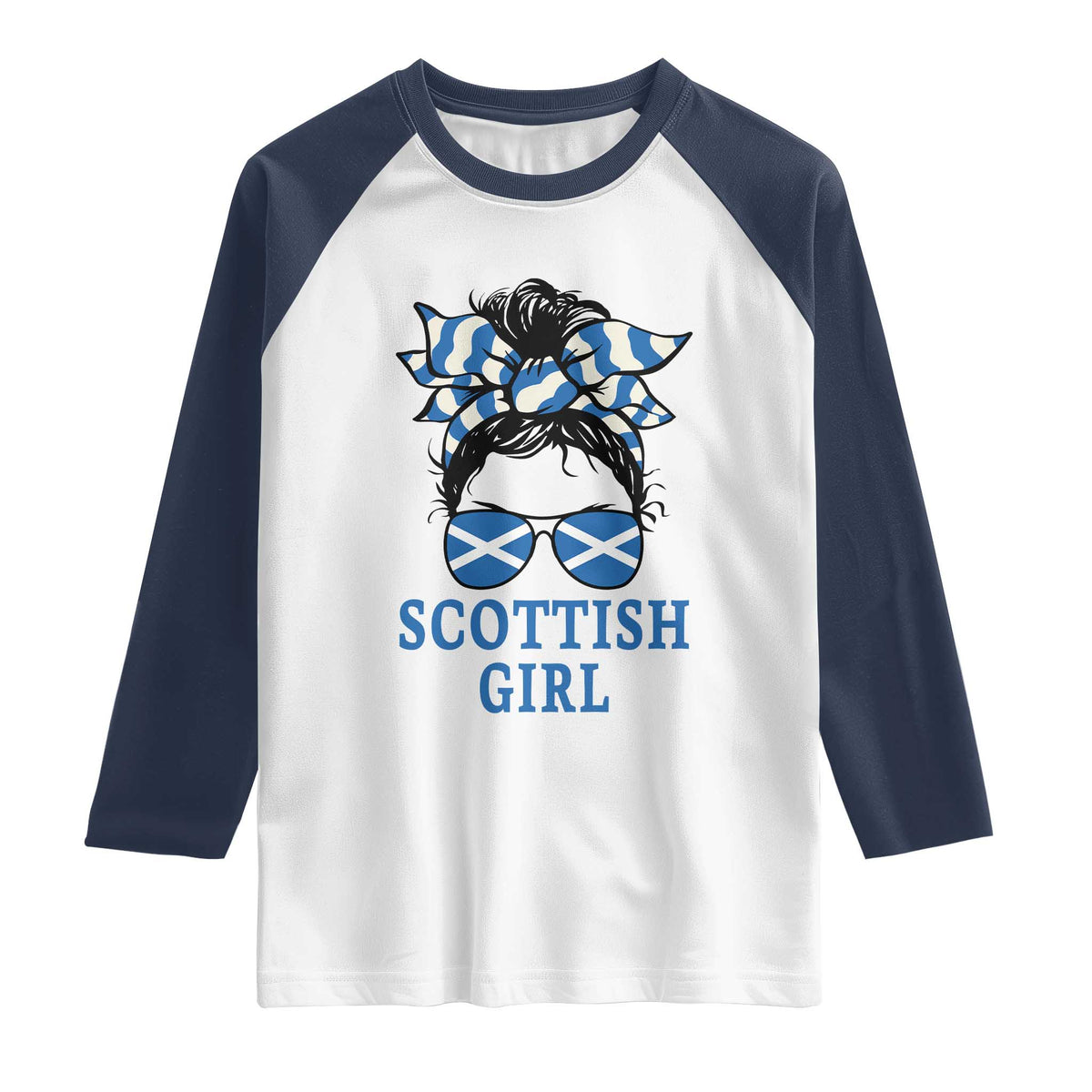 Scottish Girl Messy Bun Hair Saltire Flag Ribbon Bow Raglan Shirt Scotland Pride for Girls Women