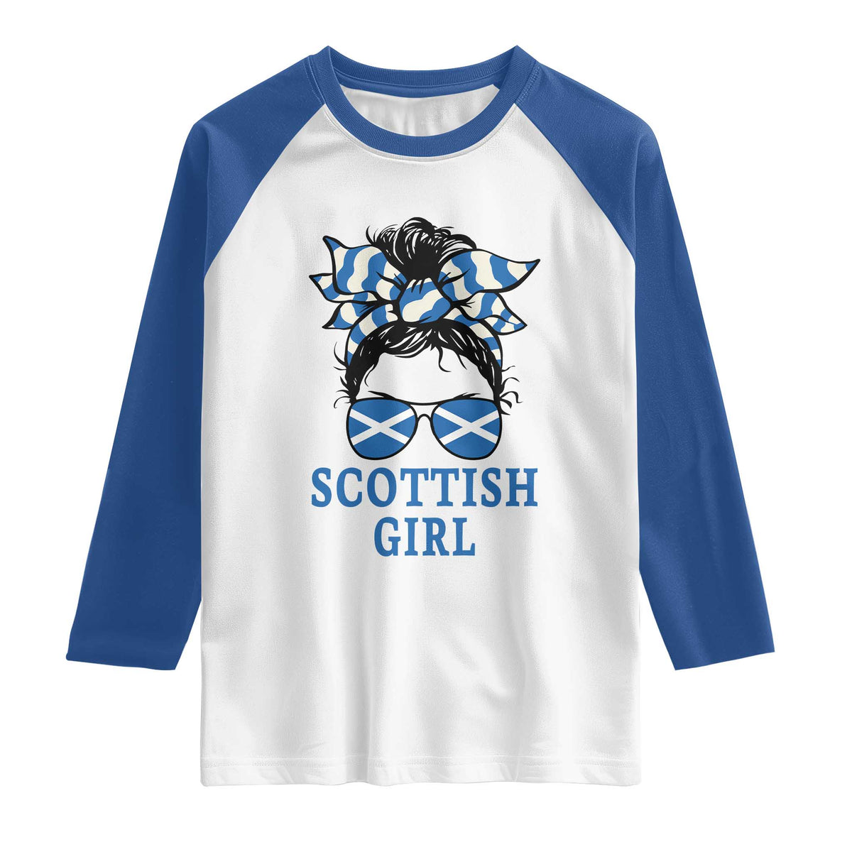 Scottish Girl Messy Bun Hair Saltire Flag Ribbon Bow Raglan Shirt Scotland Pride for Girls Women