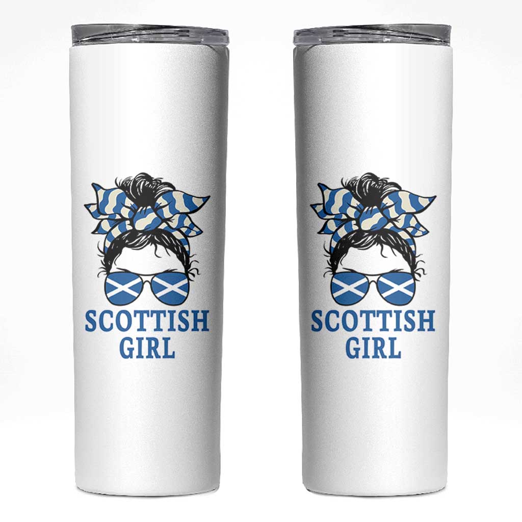 Scottish Girl Messy Bun Hair Saltire Flag Ribbon Bow Skinny Tumbler Scotland Pride for Girls Women