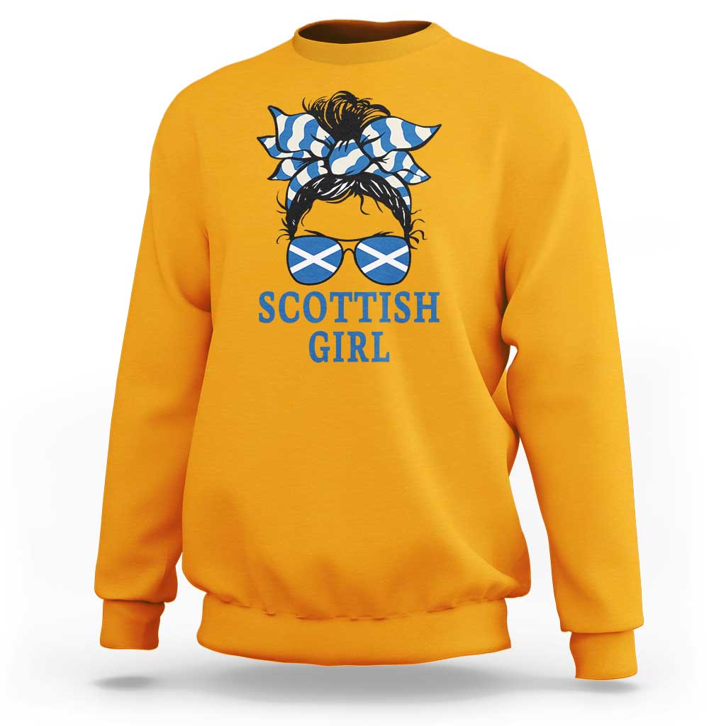 Scottish Girl Messy Bun Hair Saltire Flag Ribbon Bow Sweatshirt Scotland Pride for Girls Women