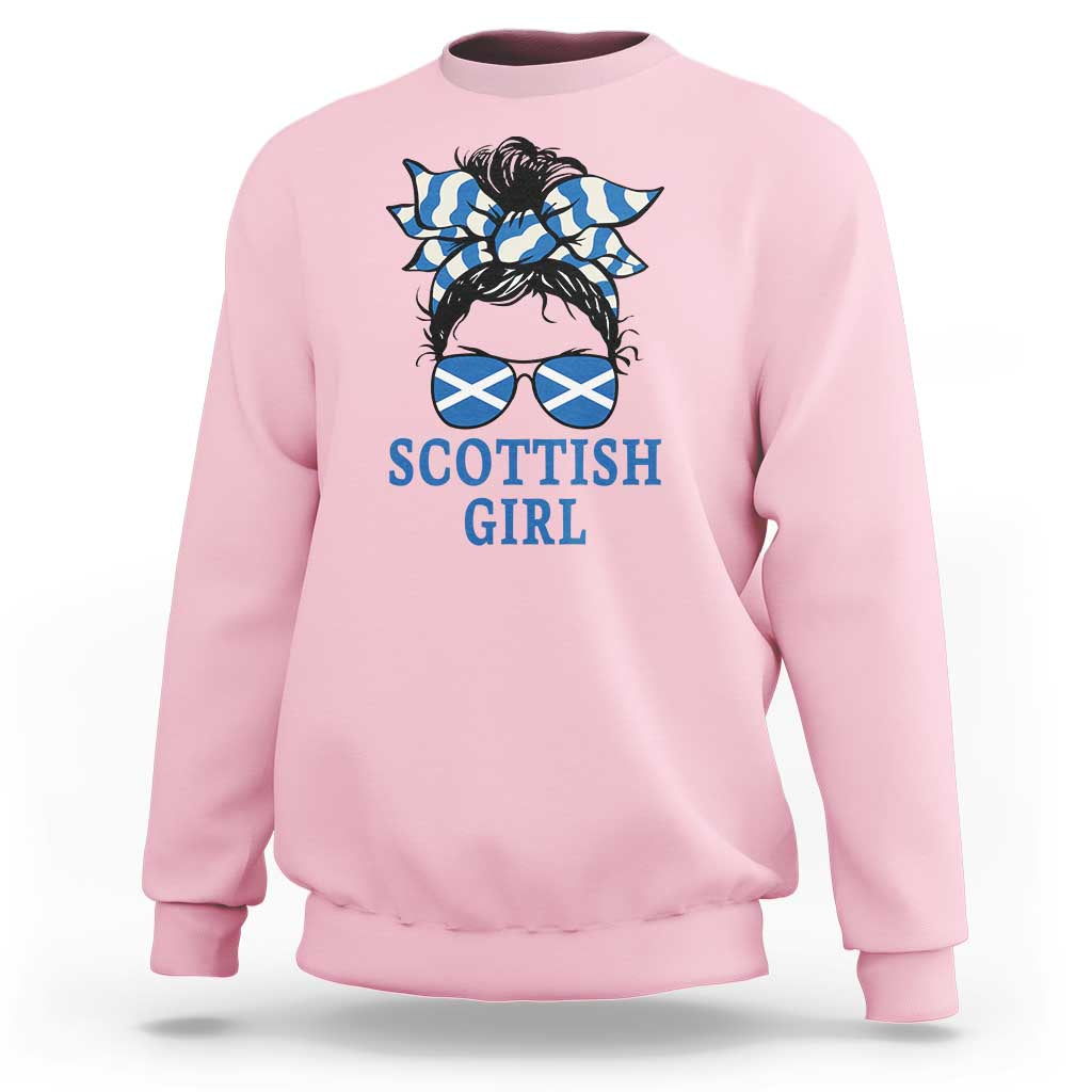 Scottish Girl Messy Bun Hair Saltire Flag Ribbon Bow Sweatshirt Scotland Pride for Girls Women