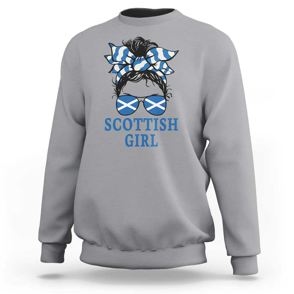 Scottish Girl Messy Bun Hair Saltire Flag Ribbon Bow Sweatshirt Scotland Pride for Girls Women