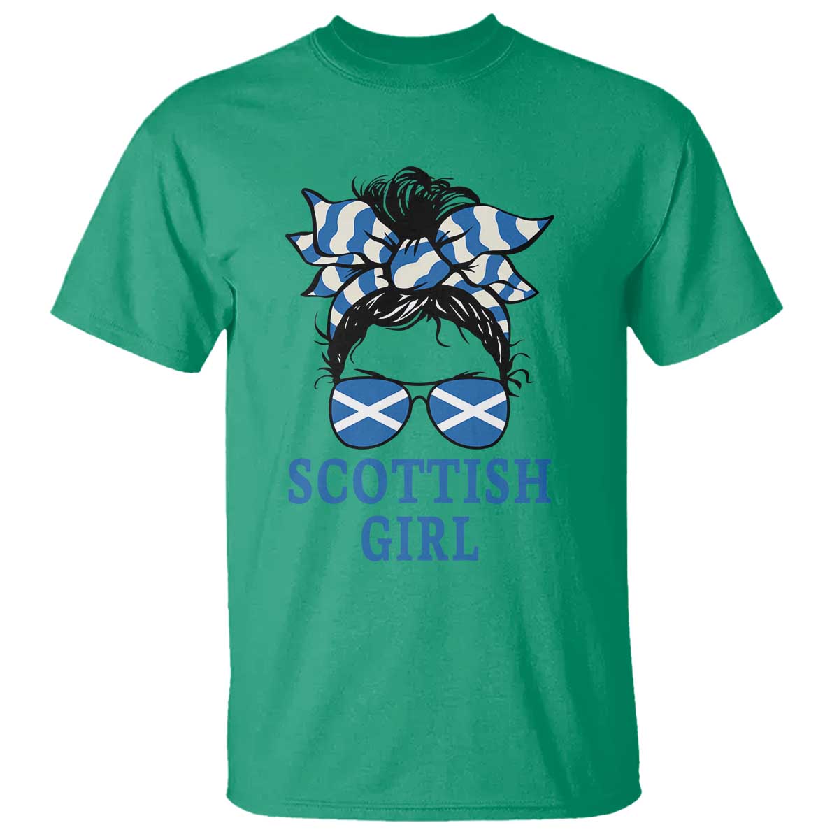 Scottish Girl Messy Bun Hair Saltire Flag Ribbon Bow T Shirt Scotland Pride for Girls Women