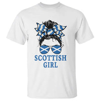 Scottish Girl Messy Bun Hair Saltire Flag Ribbon Bow T Shirt Scotland Pride for Girls Women