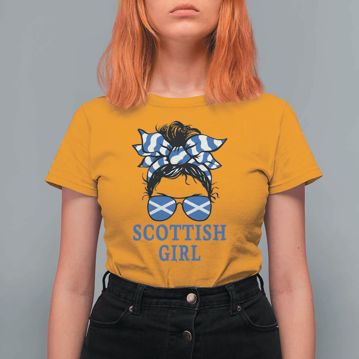 Scottish Girl Messy Bun Hair Saltire Flag Ribbon Bow T Shirt For Women Scotland Pride for Girls Women