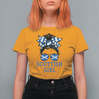 Scottish Girl Messy Bun Hair Saltire Flag Ribbon Bow T Shirt For Women Scotland Pride for Girls Women