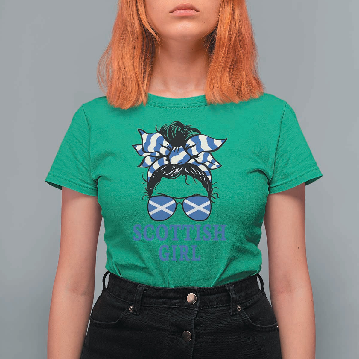 Scottish Girl Messy Bun Hair Saltire Flag Ribbon Bow T Shirt For Women Scotland Pride for Girls Women