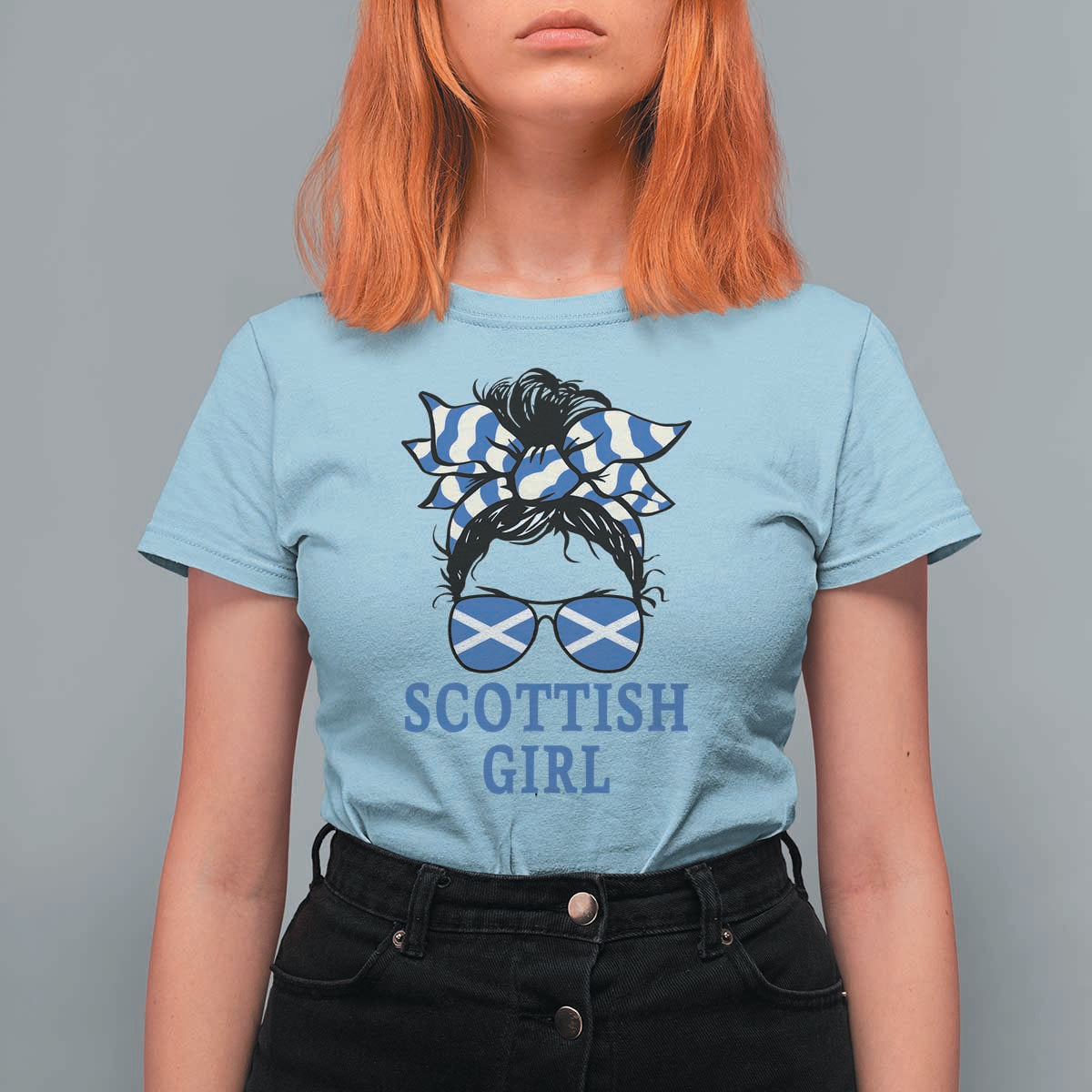 Scottish Girl Messy Bun Hair Saltire Flag Ribbon Bow T Shirt For Women Scotland Pride for Girls Women