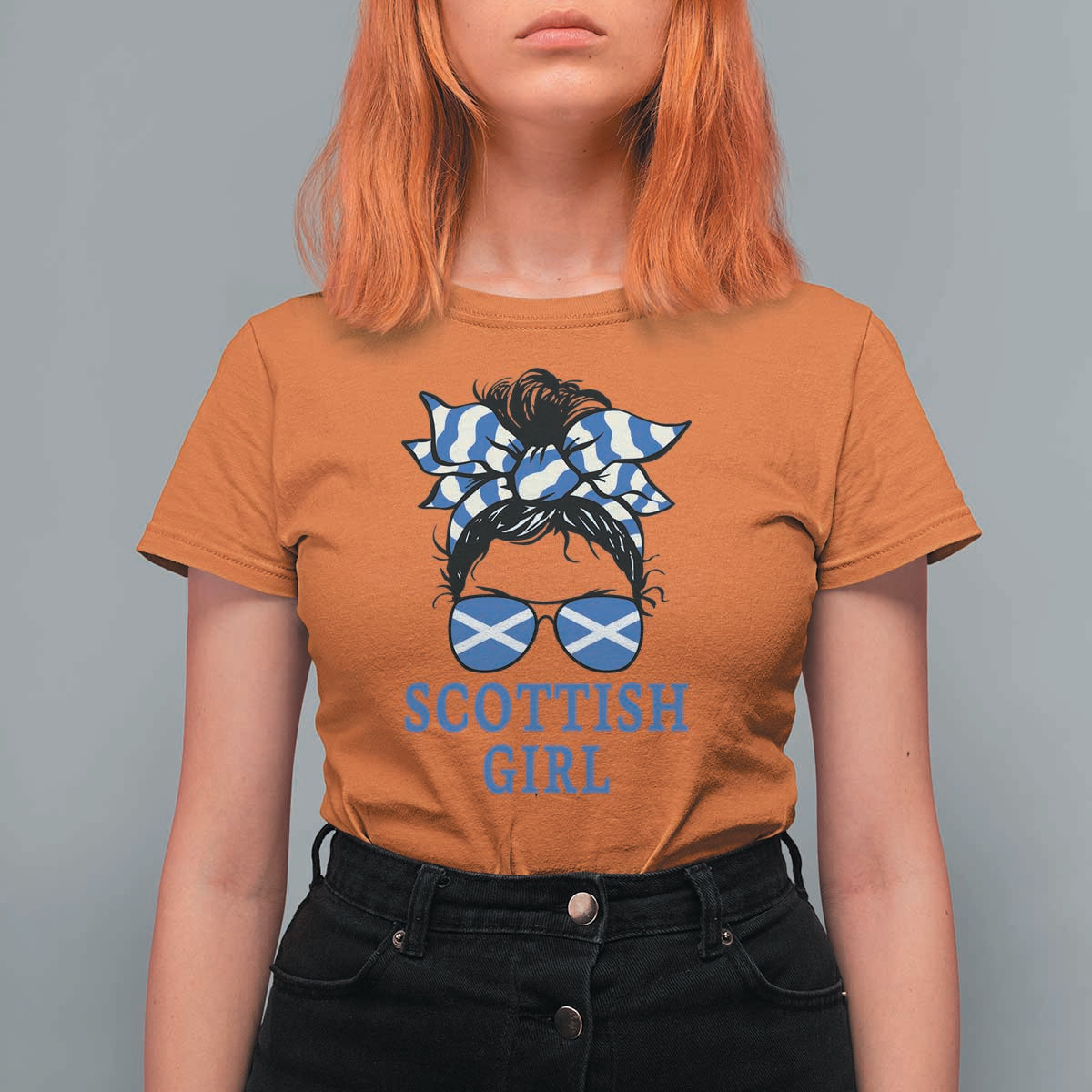 Scottish Girl Messy Bun Hair Saltire Flag Ribbon Bow T Shirt For Women Scotland Pride for Girls Women