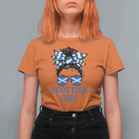 Scottish Girl Messy Bun Hair Saltire Flag Ribbon Bow T Shirt For Women Scotland Pride for Girls Women