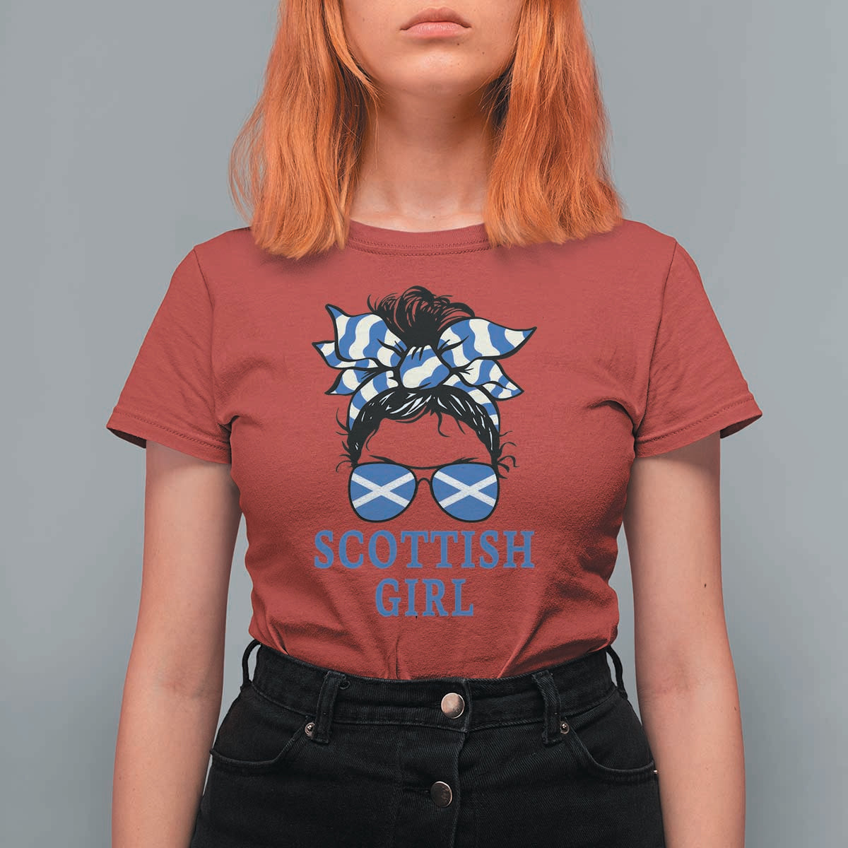 Scottish Girl Messy Bun Hair Saltire Flag Ribbon Bow T Shirt For Women Scotland Pride for Girls Women