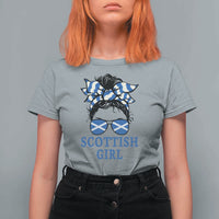Scottish Girl Messy Bun Hair Saltire Flag Ribbon Bow T Shirt For Women Scotland Pride for Girls Women