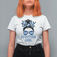 Scottish Girl Messy Bun Hair Saltire Flag Ribbon Bow T Shirt For Women Scotland Pride for Girls Women