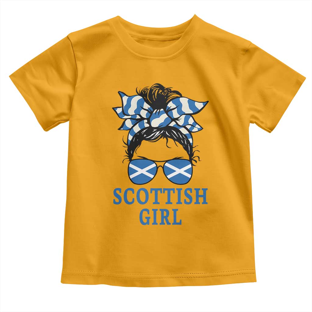 Scottish Girl Messy Bun Hair Saltire Flag Ribbon Bow Toddler T Shirt Scotland Pride for Girls Women