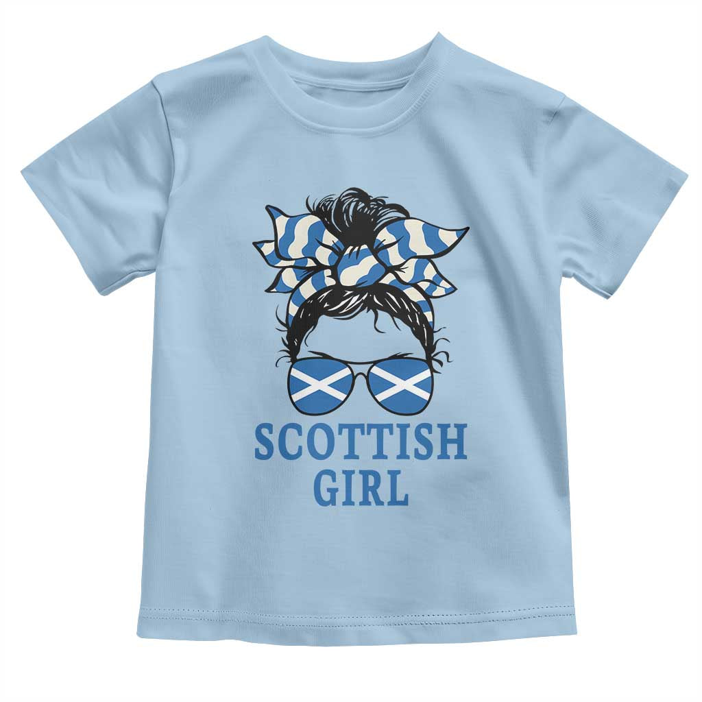 Scottish Girl Messy Bun Hair Saltire Flag Ribbon Bow Toddler T Shirt Scotland Pride for Girls Women